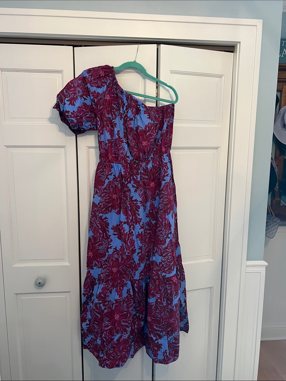 Lilly Pulitzer Blue and Burgundy Floral One-Shoulder Dress